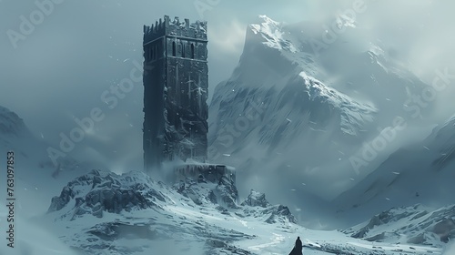 A stone tower in the frozen mountains