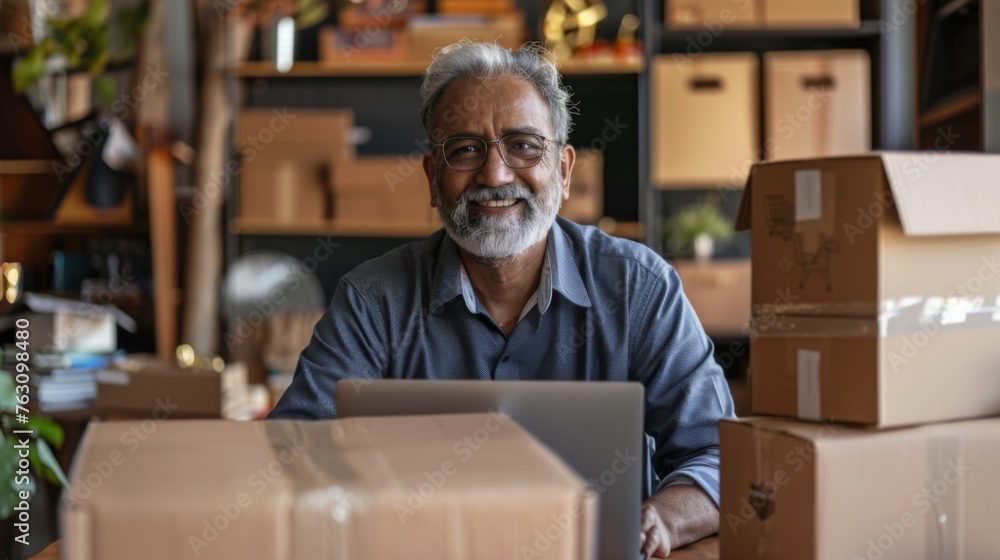 Small business owner is working on a laptop in the warehouse Small business owner is working on a laptop in the warehouse