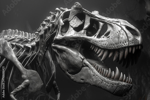 Close up of tyrannosaurus rex skeleton . Black and white .