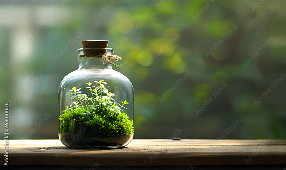 Moss and plants in one bottle on a table, Generative AI Moss and plants in one bottle on a table, Generative AI