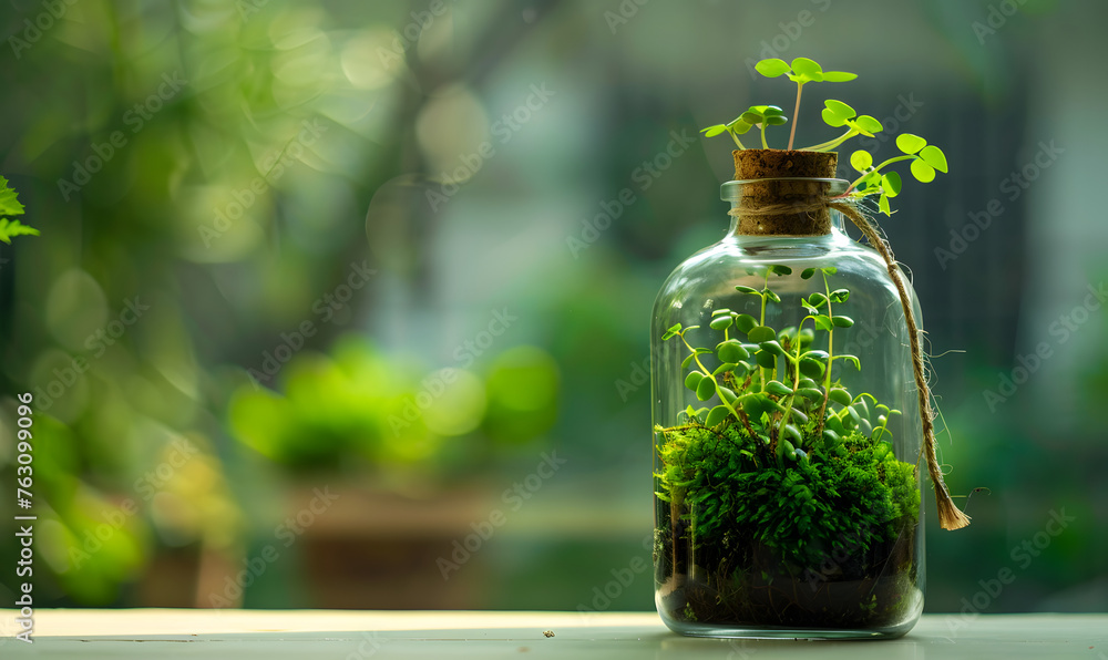 Moss and plants in one bottle on a table, Generative AI Moss and plants in one bottle on a table, Generative AI