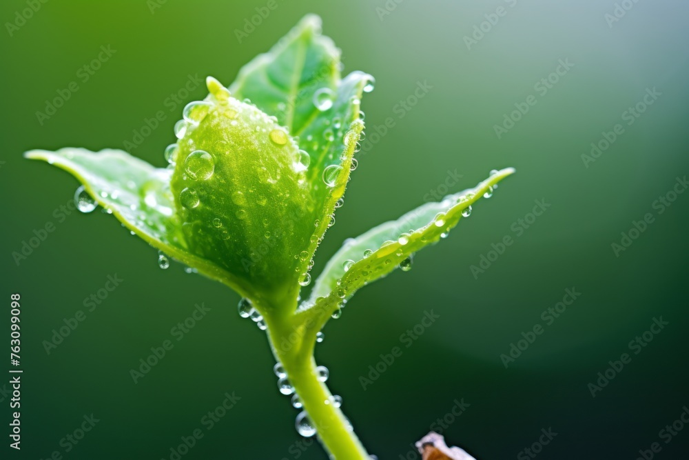 Close-up of a single dew-covered plant against a blurred green background, conveying the essence of nature's renewal Close-up of a single dew-covered plant against a blurred green background, conveying the essence of nature's renewal
