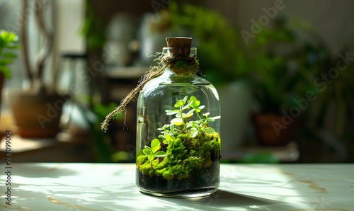 Moss and plants in one bottle on a table, Generative AI 