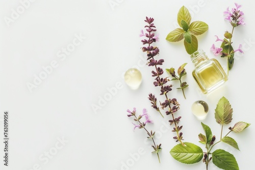 patchouli essential oil in the glass bottle, with fresh patchouli leaves, patchouli oil, aromatic oil, cosmetic product