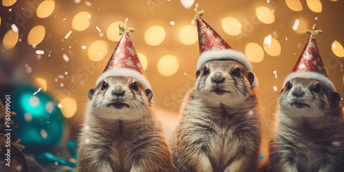 Funny Ferret, guinea pig, rodent, squirrel, chipmunk animal background. Celebrating Christmas and New year holidays.