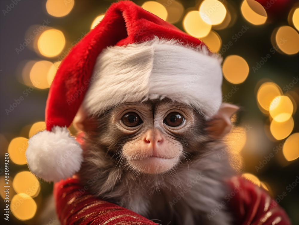 Funny monkey, primate, lemur, sloth animal background. Celebrating Christmas and New year holidays. Funny monkey, primate, lemur, sloth animal background. Celebrating Christmas and New year holidays.