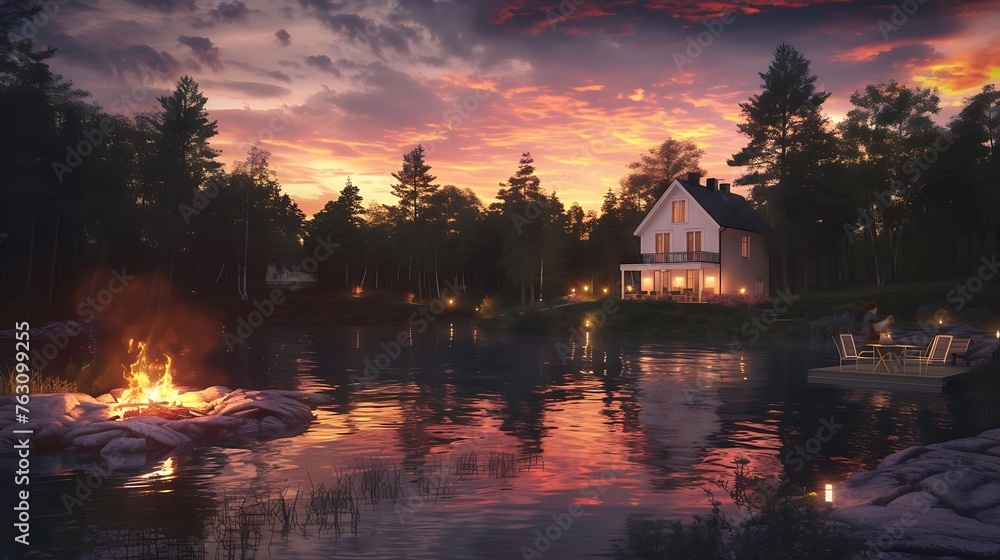 an AI-generated visual representation of a Swedish midsummer sunset, featuring a white house, a tranquil lake, a forest, and a festive countryside party around a fireplace
