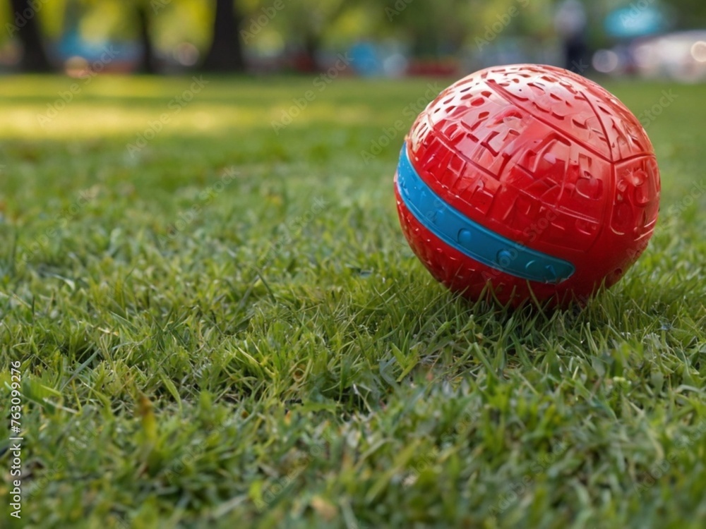 Naklejka premium Children's toy ball on the lawn in the park.