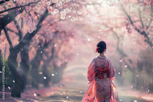 Beautiful Asian woman wearing traditional Japanese kimono on a nice spring day, enjoying cherry blossom season in Japan.