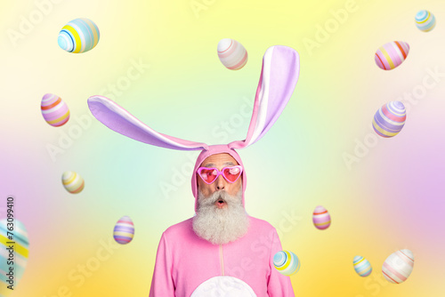Creative collage photo elderly amazed shocked man grandfather rabbit costume theme party springtime holiday easter eggs celebration