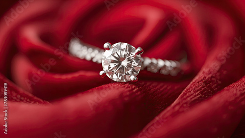 A diamond ring is set in a red velvet cloth