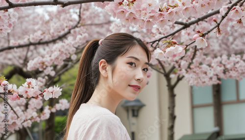 Woman viewing cherry blossoms under a cherry tree