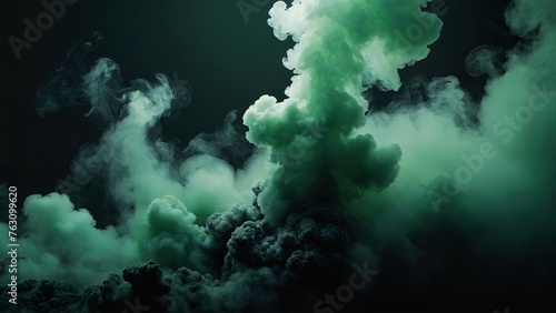 Green and black smoke mist clouds background. Beautiful dark smokey wallpaper. Abstract misty header design concept. 