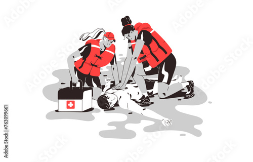 Beach rescuers save life of drowning person contour lineart. Water lifeguards rescue, provide cpr, resuscitation, heart massage. Emergency first aid. Flat isolated vector illustration on white