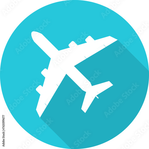 Airplane, white airplane icon isolated on blue background with shadow. Models of air transport. Vector illustration.