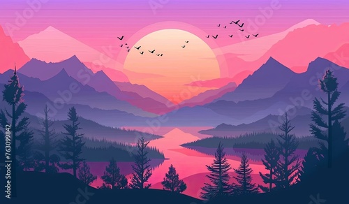 Beautiful landscape with forest, mountains and lake at sunset or sunrise © EnelEva