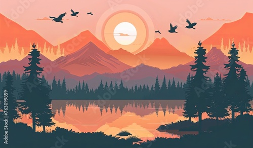 Beautiful landscape with forest, mountains and lake at sunset or sunrise
