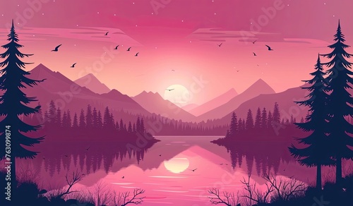 Beautiful landscape with forest, mountains and lake at sunset or sunrise © EnelEva