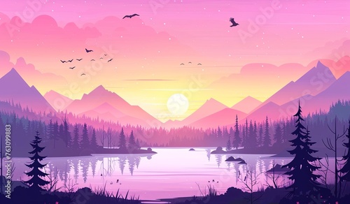 Beautiful landscape with forest, mountains and lake at sunset or sunrise