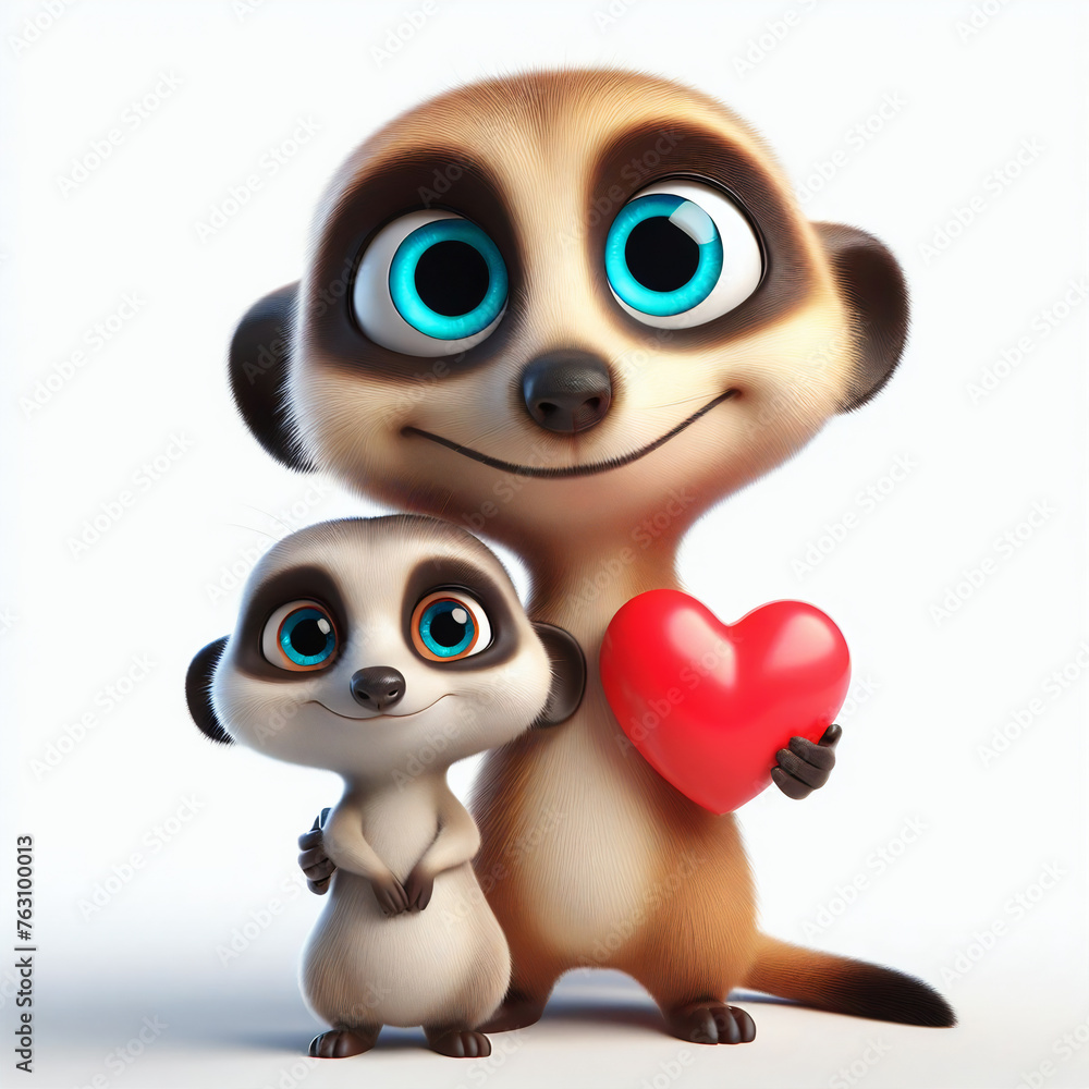 3d suricate cartoon character with son holding red heart
