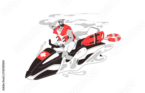 Beach lifeguard drives water scooter, surveillance sea contour lineart. Rescuer looking for people to rescue. Jet ski to emergency aid, lifesaving on sea. Flat isolated vector illustration on white
