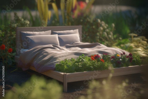 A bizarre concept of a garden bed in the form of a large bed located in a lush vegetable garden