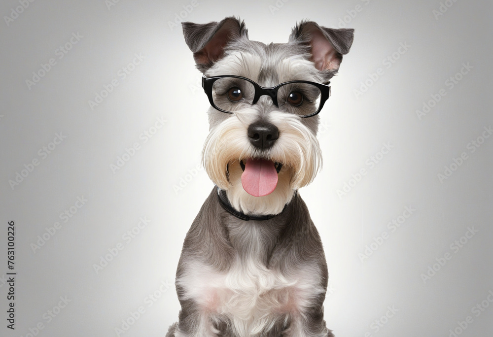 a schnauzer with small square glasses looking pleased   isolated on a transparent background