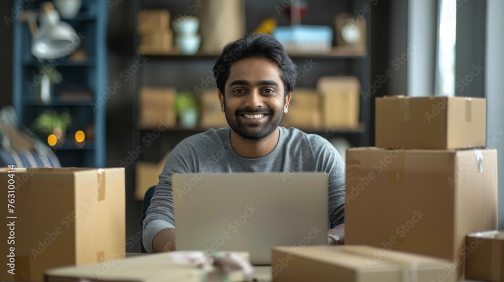 Small business owner is working on a laptop in the warehouse Small business owner is working on a laptop in the warehouse