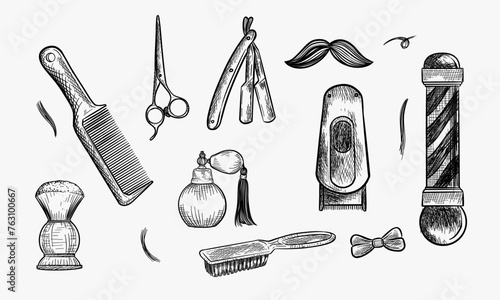 Vector illustration of a barbershop tools collection set. Barber shop instruments. Barber pole, scissors, perfume, comb, shaving brush, straight razor, Electric Clipper, hair brush Vintage hand drawn