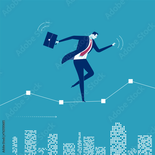 Balance. A risky investment. Manager balancing on a line in a shape of growing business graph. Concept business vector illustration