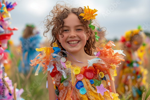 A young girl wearing a colorful dress created from recycled materials, celebrating sustainability