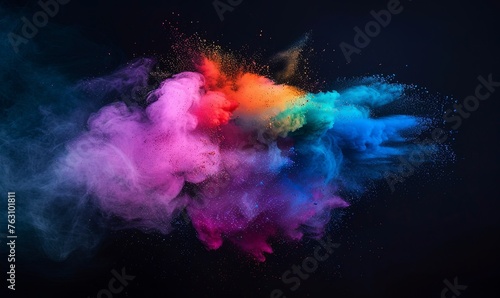 Colorful explosion of vibrant rainbow colors paint powder and smoke on black background