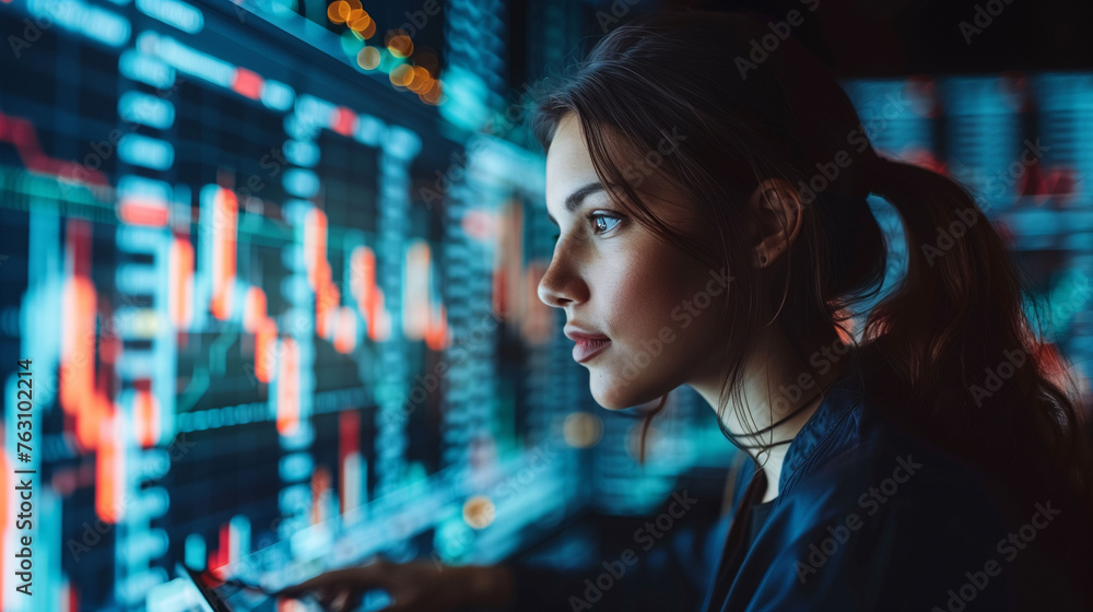 Focused woman analyzing data on computer screens at night, concept of technology and business analysis. Focused woman analyzing data on computer screens at night, concept of technology and business analysis.