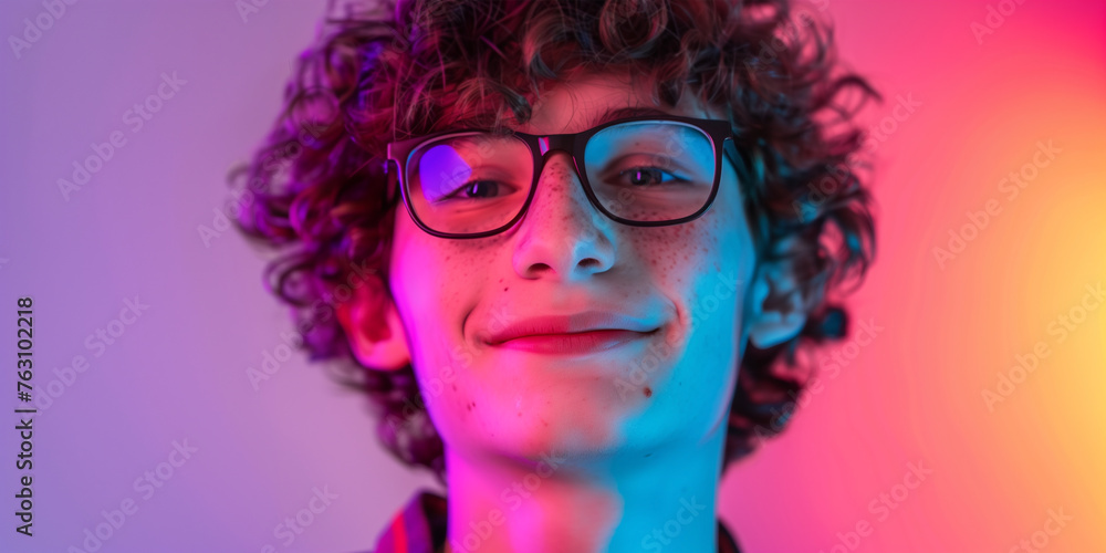 Smart schoolboy portrait illuminated by coloured light. Children weak eyesight concept. Confident teen boy with black glasses. Smart schoolboy portrait illuminated by coloured light. Children weak eyesight concept. Confident teen boy with black glasses.