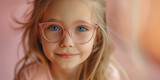 Portrait of preschooler girl with pink glasses. Children weak eyesight, myopia or astigmatism concept.
