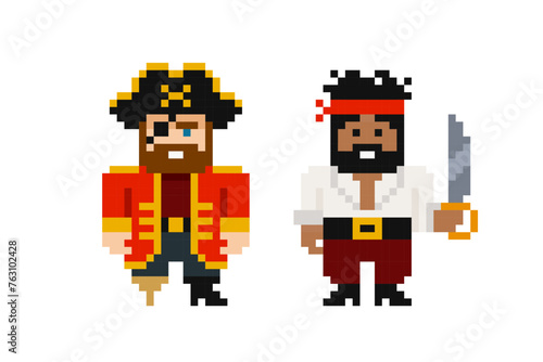 Pixel Art Corsair Pirates Captain suit and sailor with saber or sword in red bandana - cartoon retro 8 bit game style vector graphics set