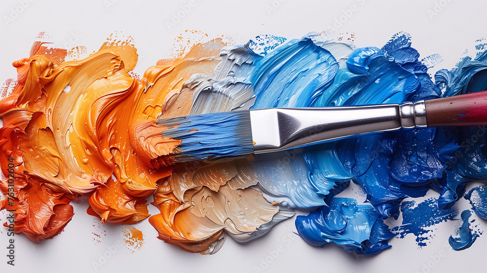 Paintbrush with blue paint on a palette of blended colors. - obrazy, fototapety, plakaty 