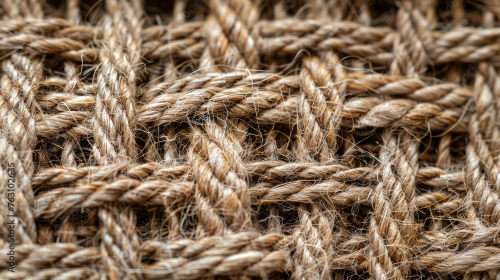 A macro shot of the woven texture of a burlap sack, emphasizing the coarse fabric threads,