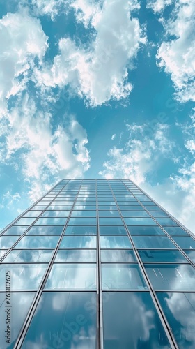 Low angle view of modern glass building against cloudy sky