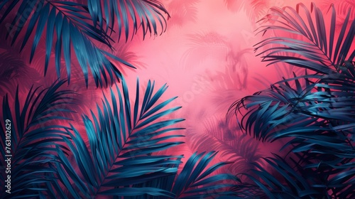 Tropical palm leaves with pink and blue hues
