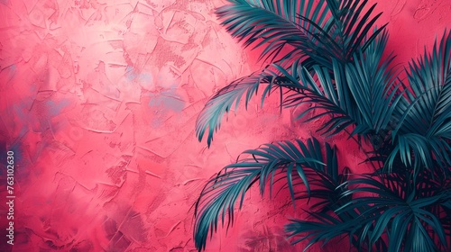 Tropical palm leaves on pink textured background