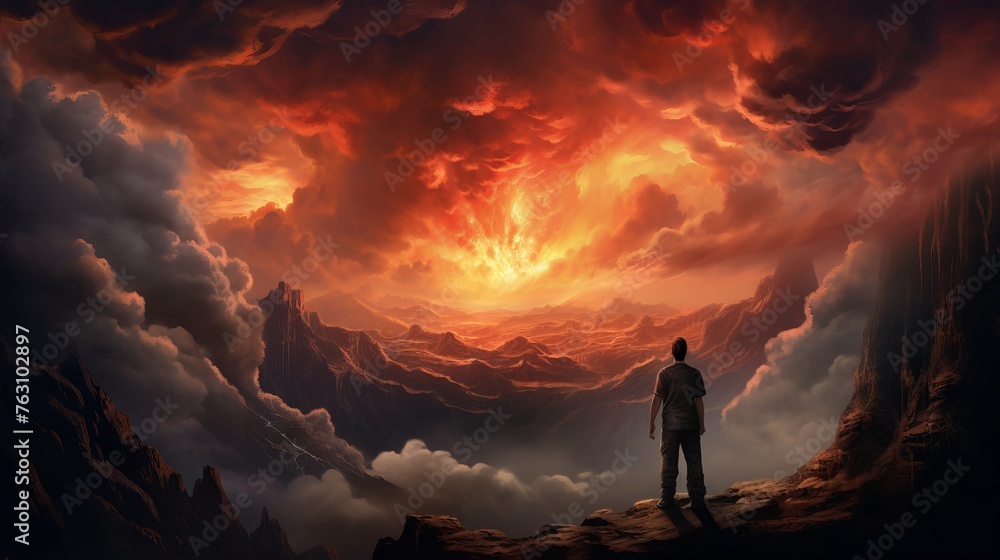 A survivor standing at the top of the mountain looking at the huge burning clouds