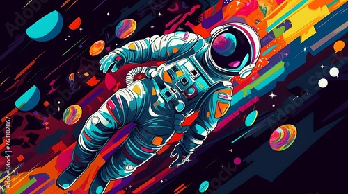A astronaut floating in space outside a spaceship looking at the strange things floating in mid air