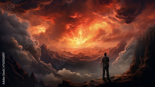 A survivor standing at the top of the mountain looking at the huge burning clouds