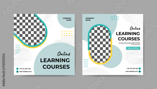 Collection of trendy geometric digital study, online learning courses social media post templates. Square banner design background.