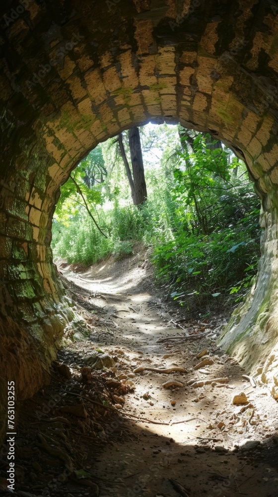 Pathway leading through an old tunnel surrounded by green foliage
