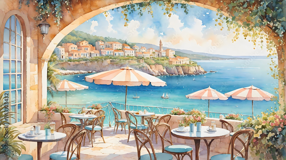 Watercolor Illustration: Beachfront Restaurant in Coastal Area