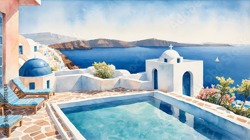 Watercolor Illustration: Ocean View in Santorini Hotel