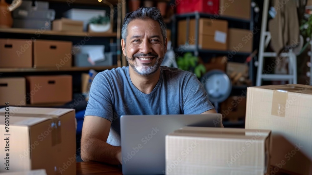 Small business owner is working on a laptop in the warehouse Small business owner is working on a laptop in the warehouse