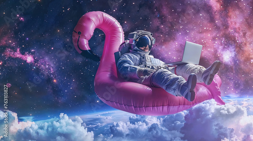 A space explorer on a pink flamingo float works on a laptop amidst a stellar landscape with nebulas and stars